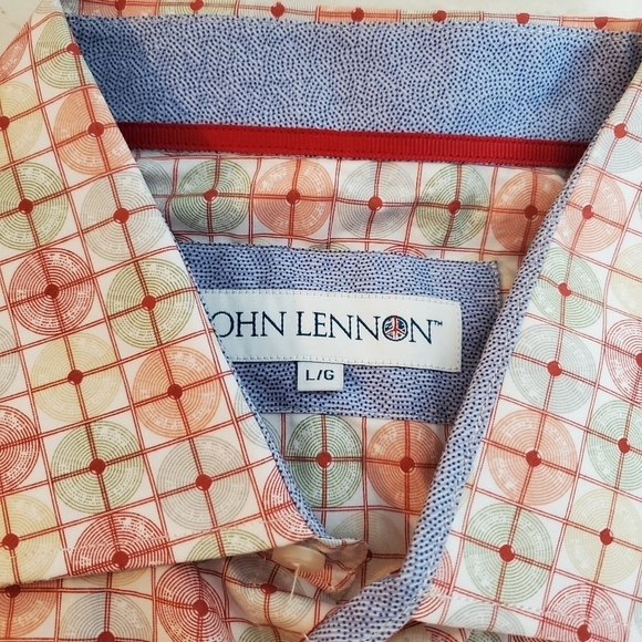 John Lennon Button Up Shirt Mens Large Colorful Red Orange Record print Retro - Picture 3 of 14